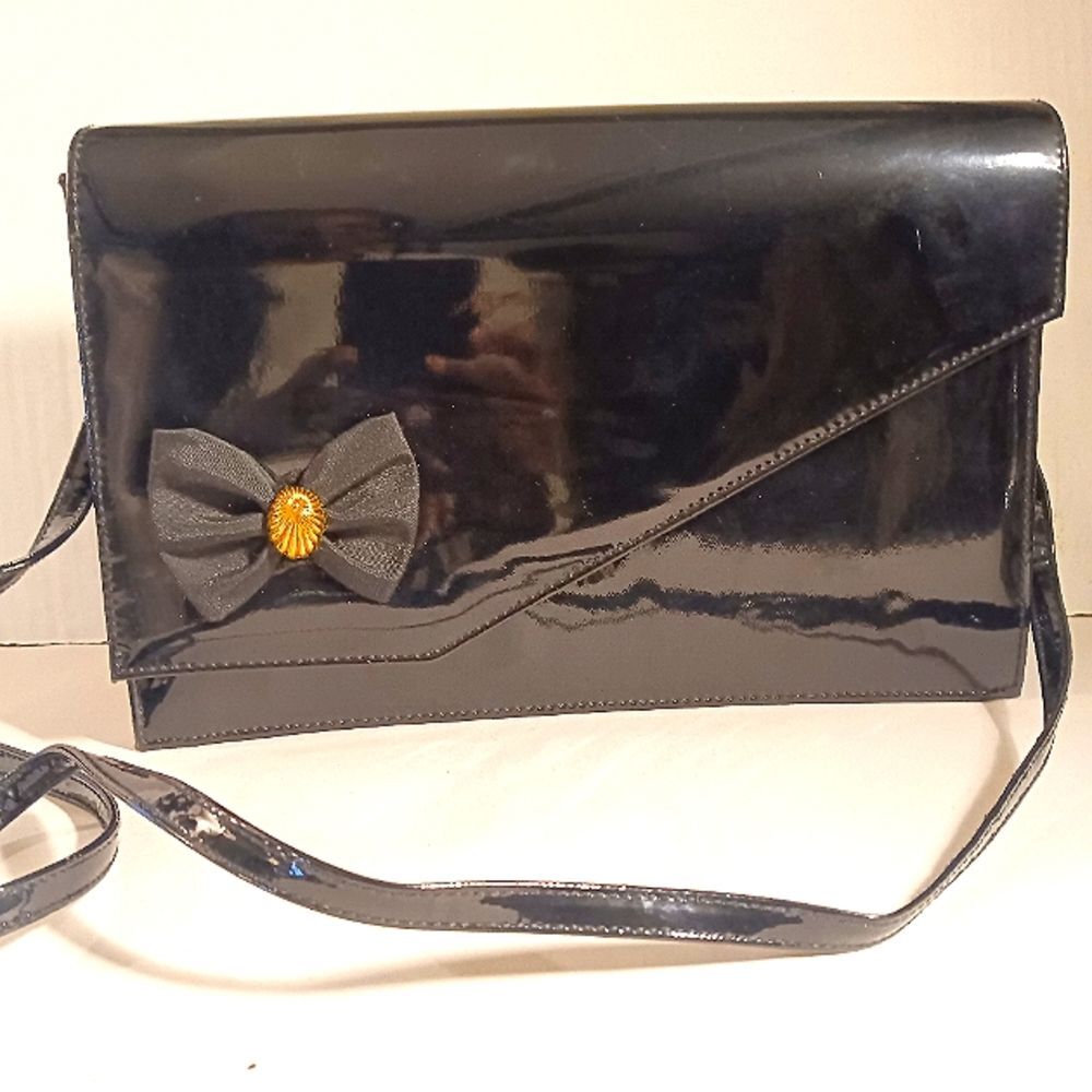 Vintage Black Patent Leather Envelope Clutch with Crossbody Strap